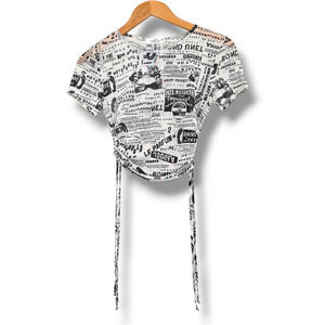 Rebellious Dreamer Women's‎ Mesh Sheer Side Tie Cropped T-Shirt Black White Med